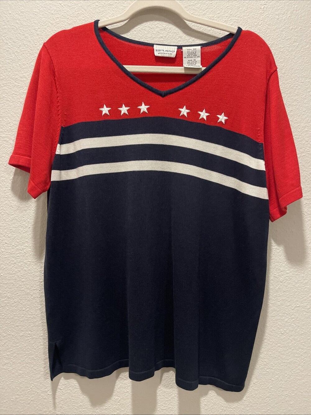 Vintage White Stag Knit V-neck Short Sleeve Top Sz 16W July 4th Red White Blue
